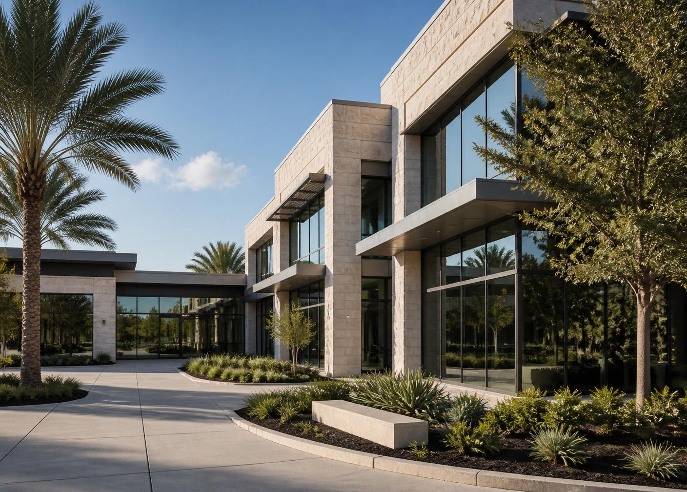 Modern limestone and glass commercial architecture in Sugar Land, Texas